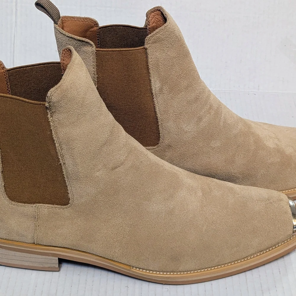 Mens Real Genuine Suede/Leather Ankle High-top Chelsea Metal Square Toe Boots - Picture 4 of 12